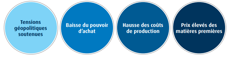 1) Tensions géopolitiques soutenues 2) Hausses historiques des taux par la banque centrale 3) Goulots d’étranglement de la chaîne d’approvisionnement 4) Prix élevés des matières premières